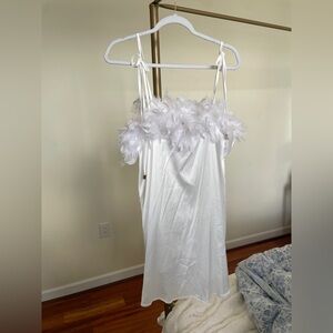 Elegant White Feather-Trimmed Dress